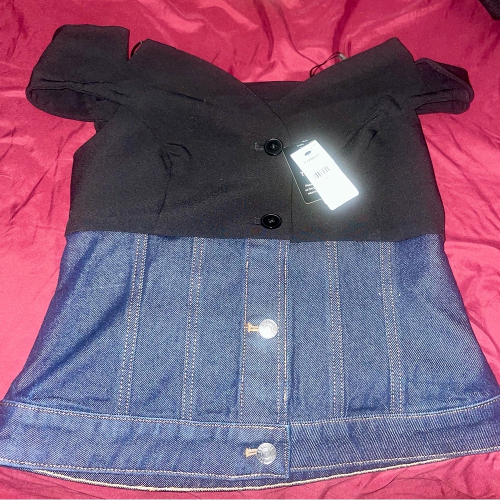 Express Denim Twill Off The Shoulder Faux Button Front Corset Top - Picture 10 of 15